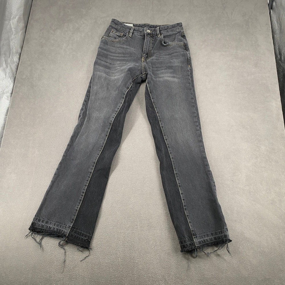Zara Two Tone Grey Black High Rise Straight Leg Raw Hem Jeans Size 30 EUR 38